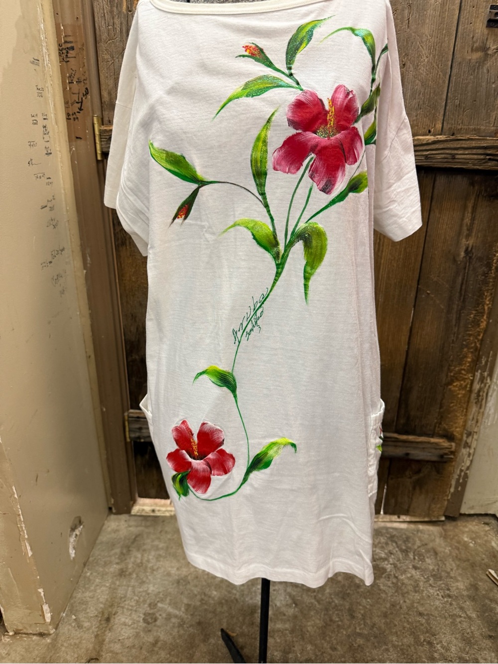 Hand-Painted White Midi Dress with Red Floral Motif
